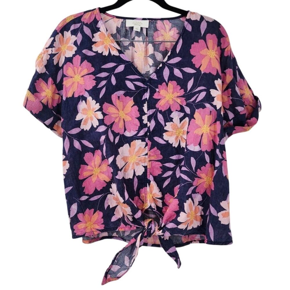 CHARTER CLUB Luxury Linen Floral Tie Front Short Sleeve Top Women’s Size L Large